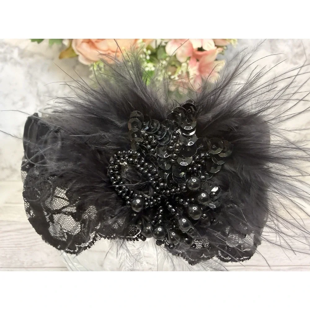 Vintage Victoria's Secret Black‎ Lace Feathers Leg Garter Bride Wedding Y2K EUC